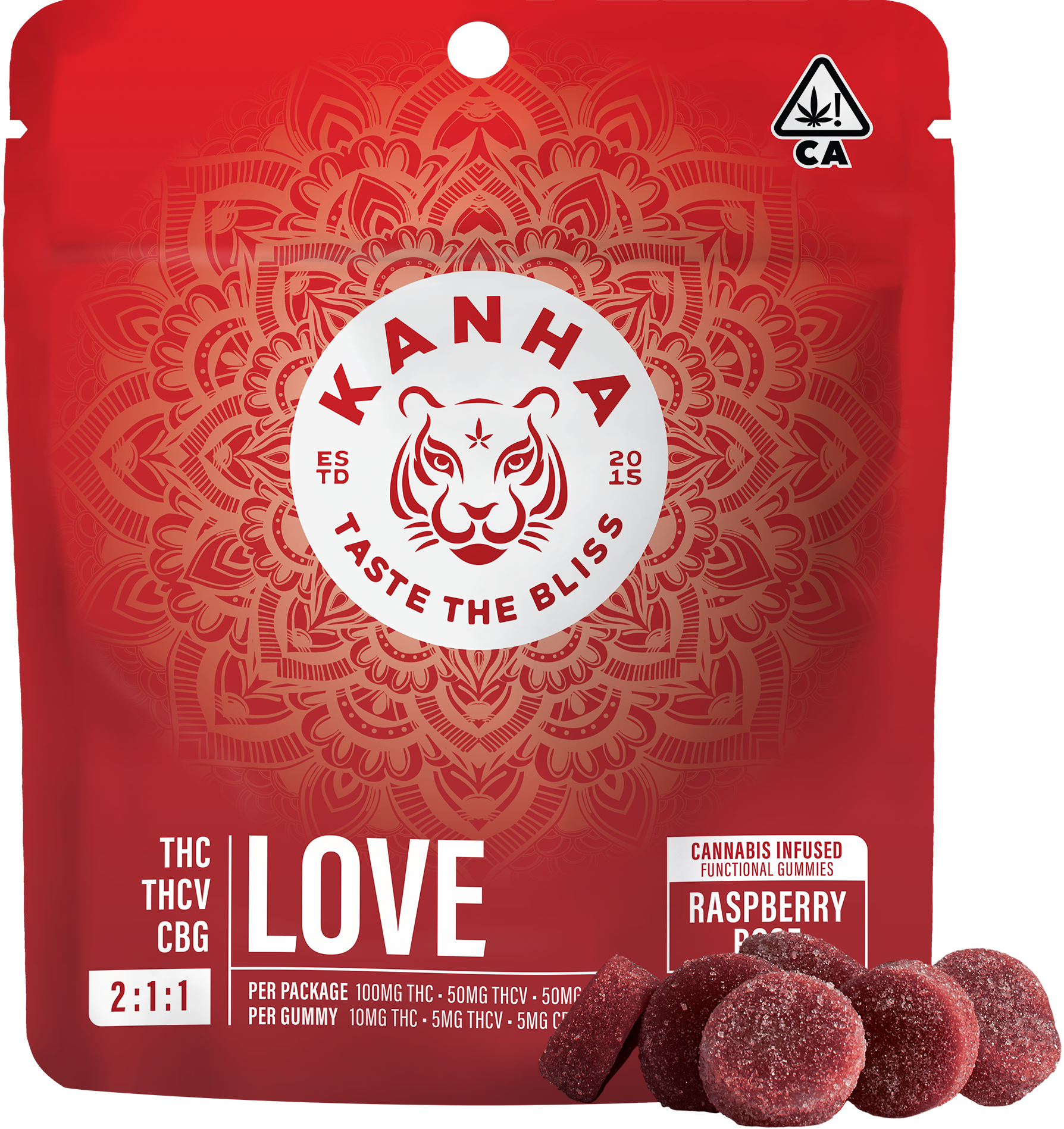 Raspberry Rose 2:1:1 Love | Kanha | THC:THCV:CBG Gummies 100mg