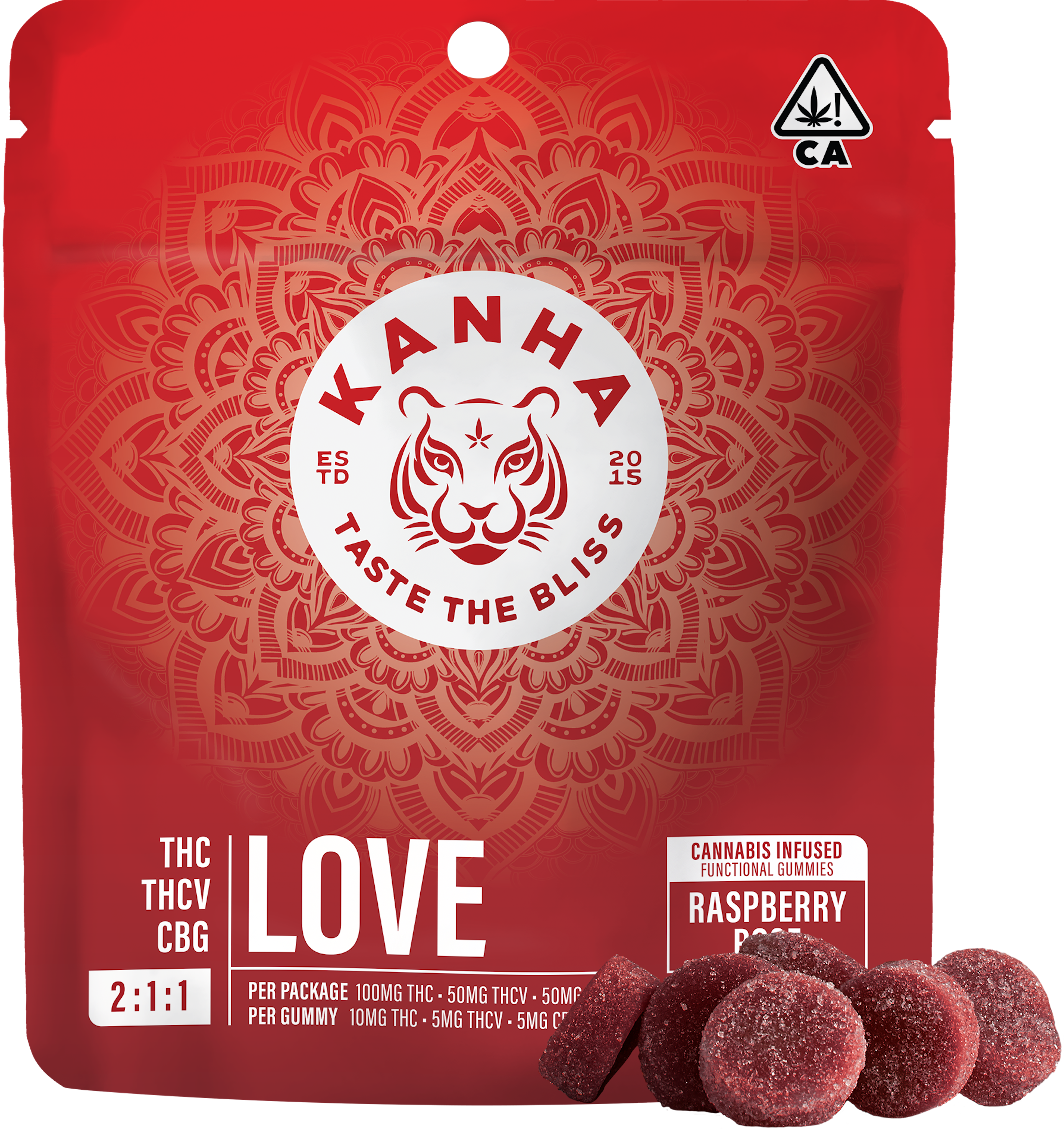 Raspberry Rose 2:1:1 Love | Kanha | THC:THCV:CBG Gummies 100mg